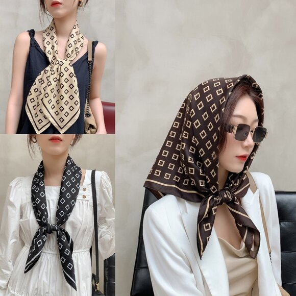 2/$30 Black Geometric Silk Satin Scarf Large Square Neck Tie Head Scarf Bandana - Picture 4 of 5